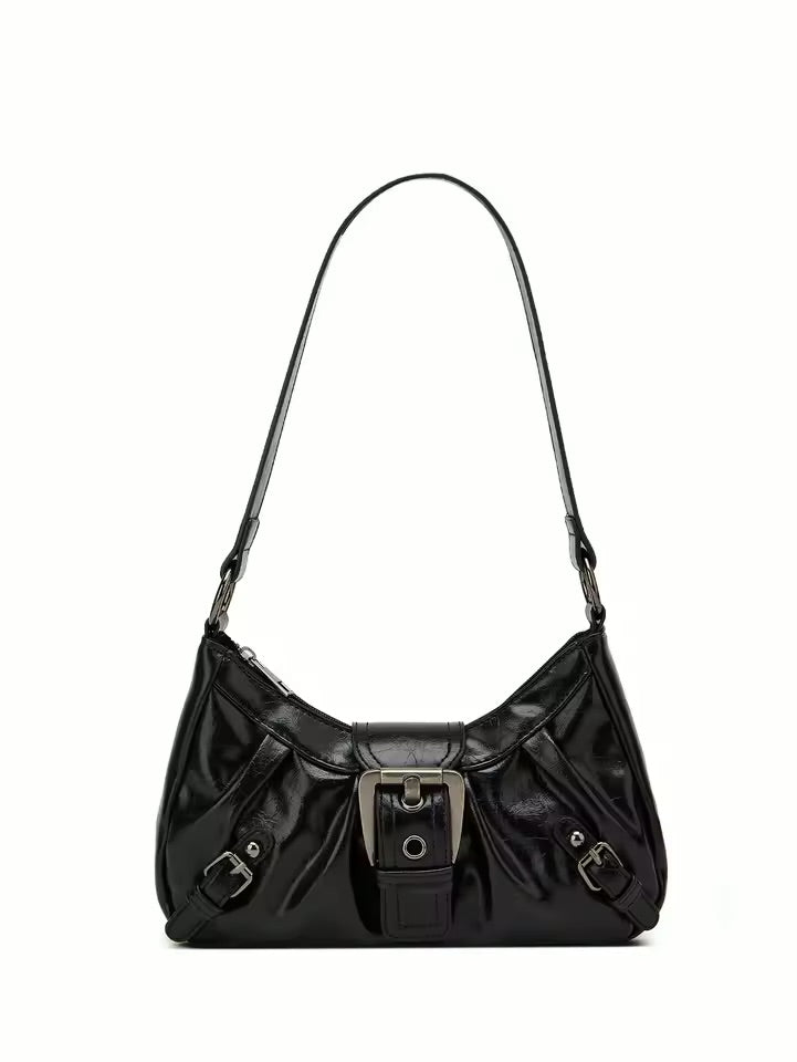 Vintage Buckle Shoulder Bag – Leather Baguette Purse for Women Y2K Everyday Handbag