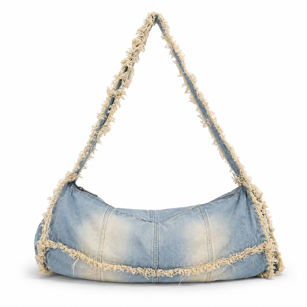 Vintage Wash Fringe Denim Shoulder Bag