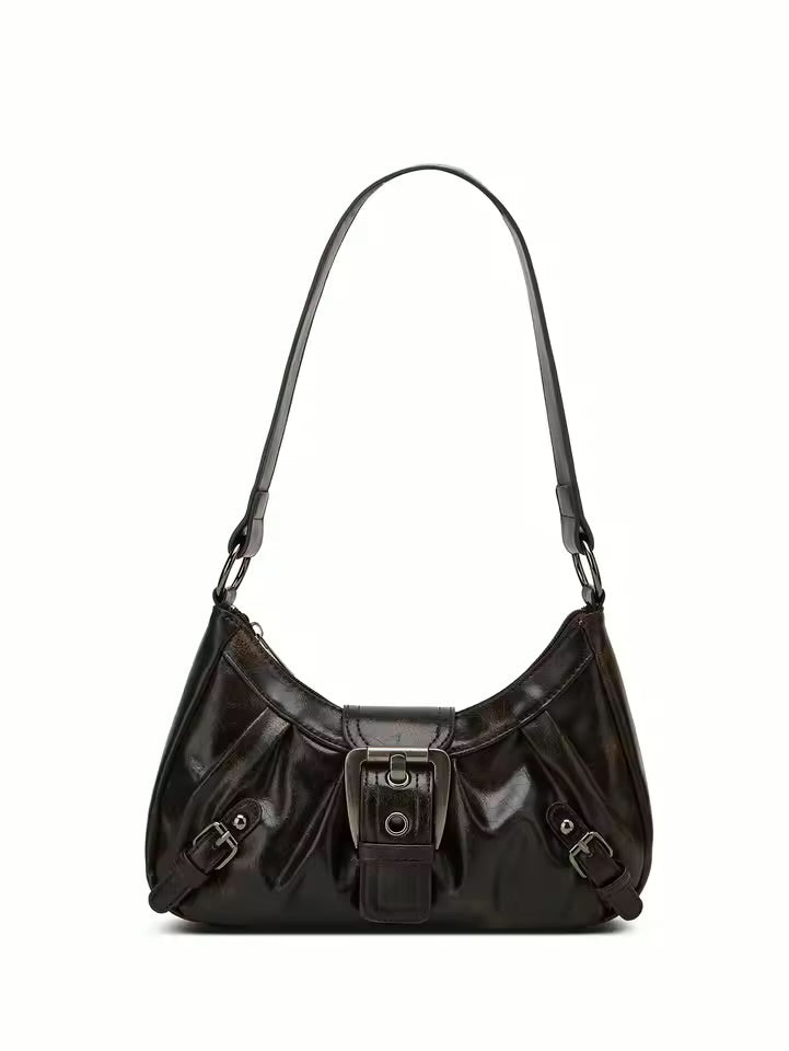 Vintage Buckle Shoulder Bag – Leather Baguette Purse for Women Y2K Everyday Handbag