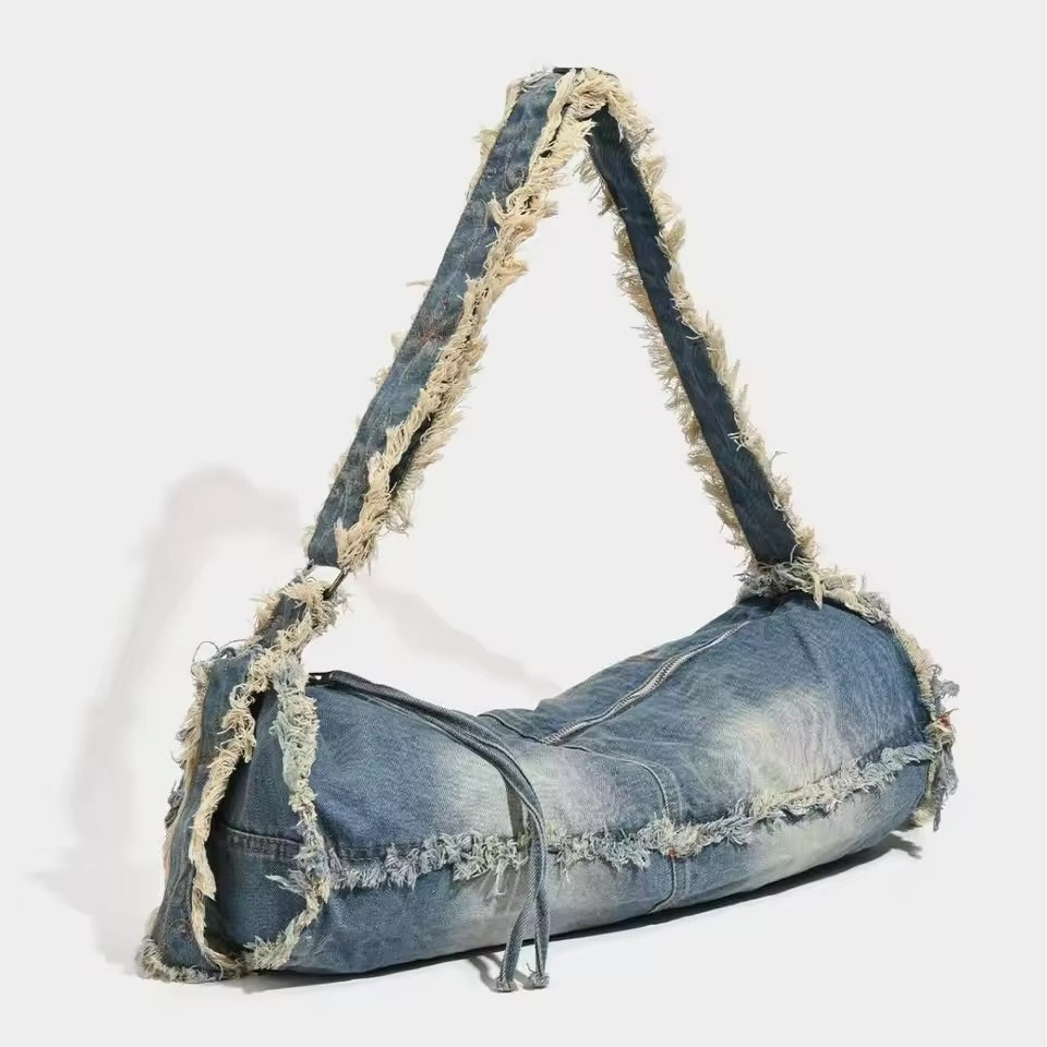 Vintage Wash Fringe Denim Shoulder Bag