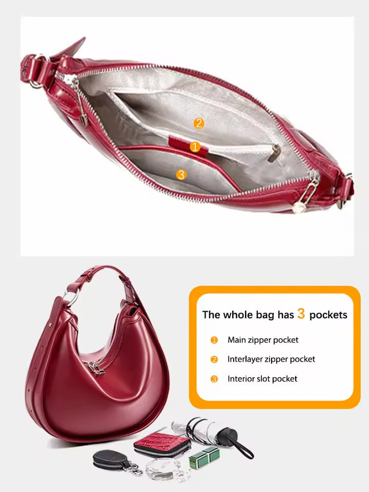 100% Genuine Leather Crescent Hobo Bag
