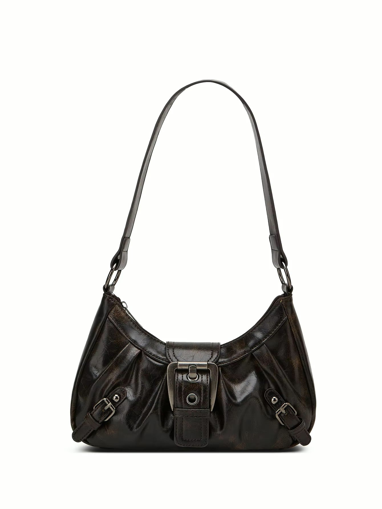 Vintage Buckle Shoulder Bag – Leather Baguette Purse for Women Y2K Everyday Handbag