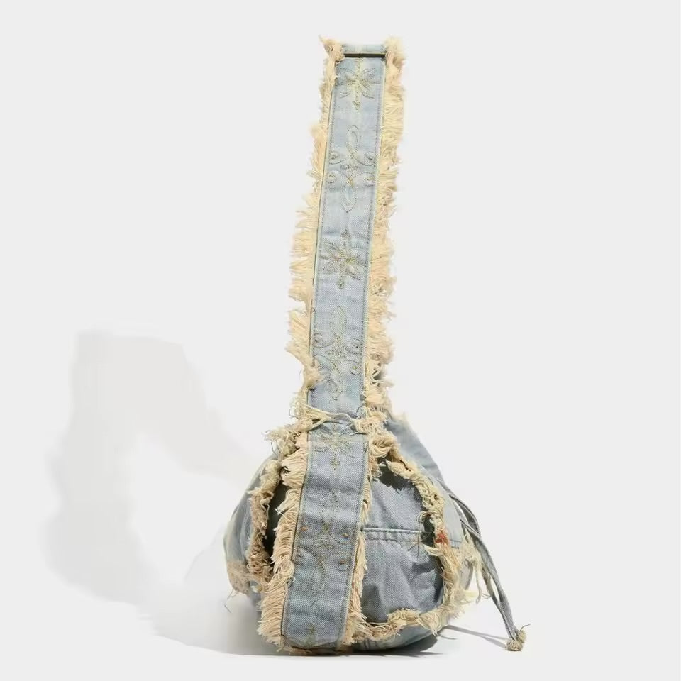 Vintage Wash Fringe Denim Shoulder Bag