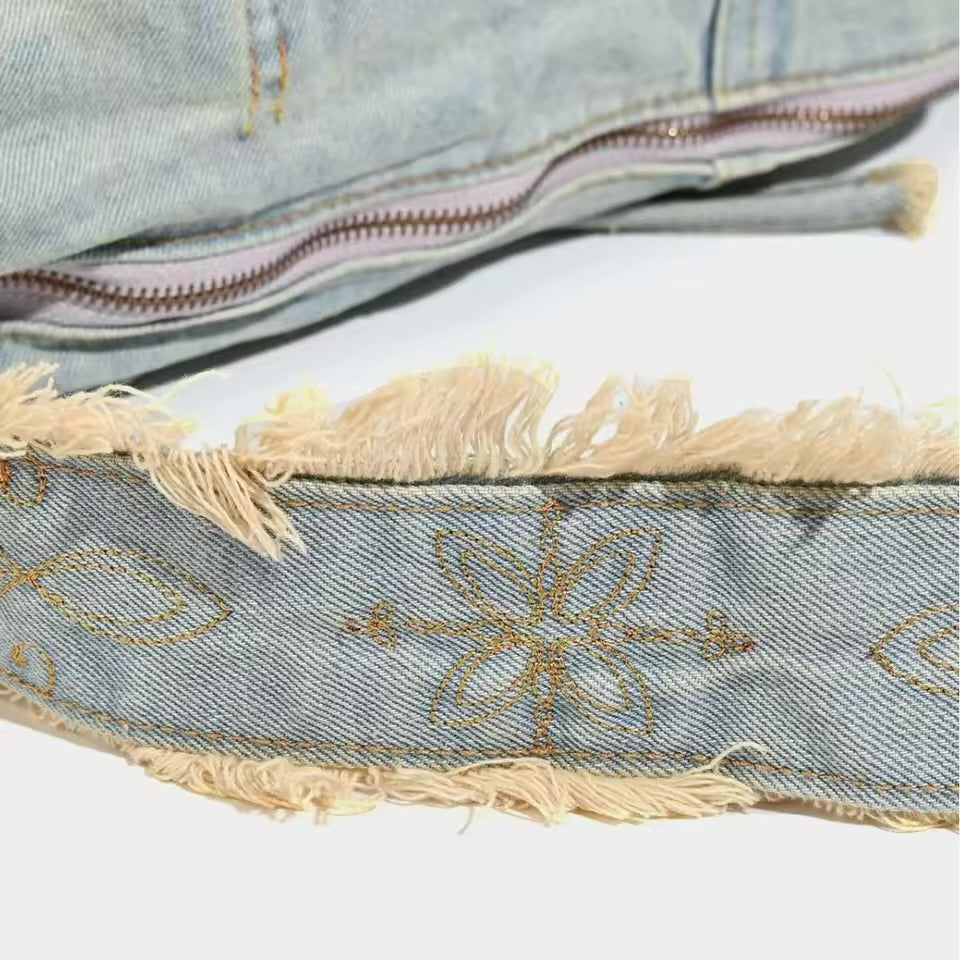 Vintage Wash Fringe Denim Shoulder Bag