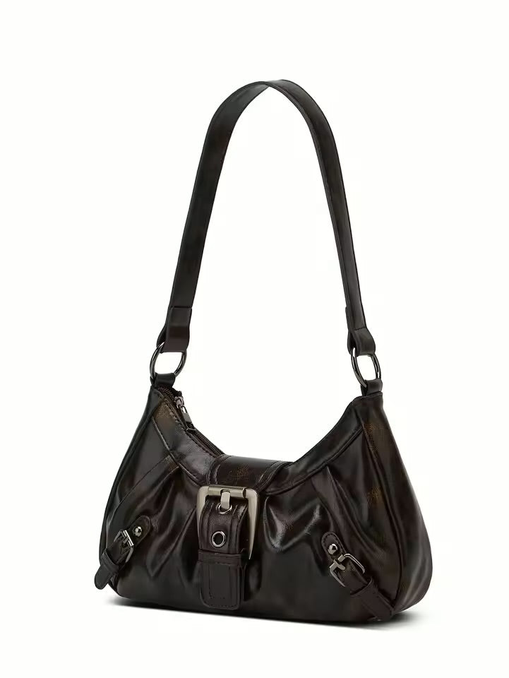 Vintage Buckle Shoulder Bag – Leather Baguette Purse for Women Y2K Everyday Handbag