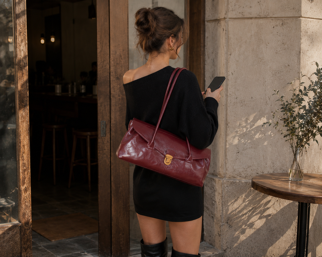 Burgundy East West Shoulder Bag Large Vintage Handbag