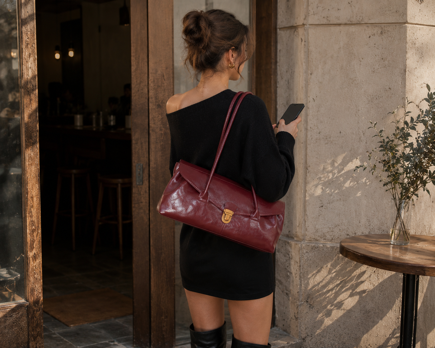 Burgundy East West Shoulder Bag Large Vintage Handbag