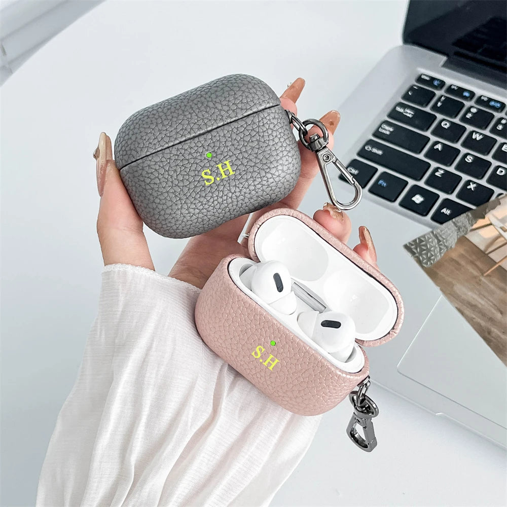 Custom Initial Leather AirPods Case Personalized Name Engraved Cover with Keychain Main image