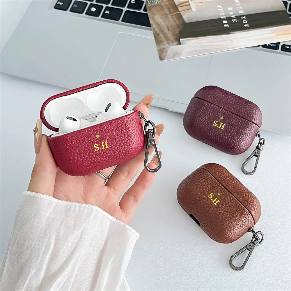 Custom Initial Leather AirPods Case Personalized Name Engraved Cover with Keychain