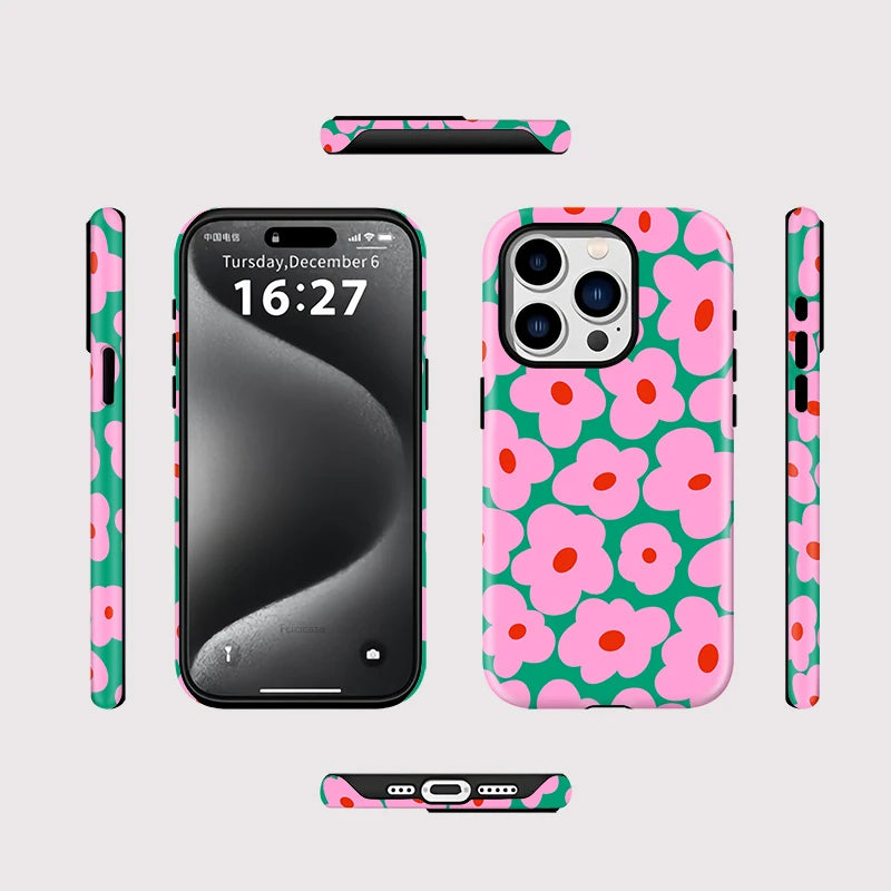 Pink Floral iPhone Case – Shockproof Dual Layer MagSafe Cover