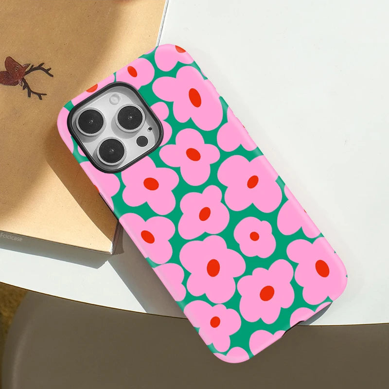 Pink Floral iPhone Case – Shockproof Dual Layer MagSafe Cover