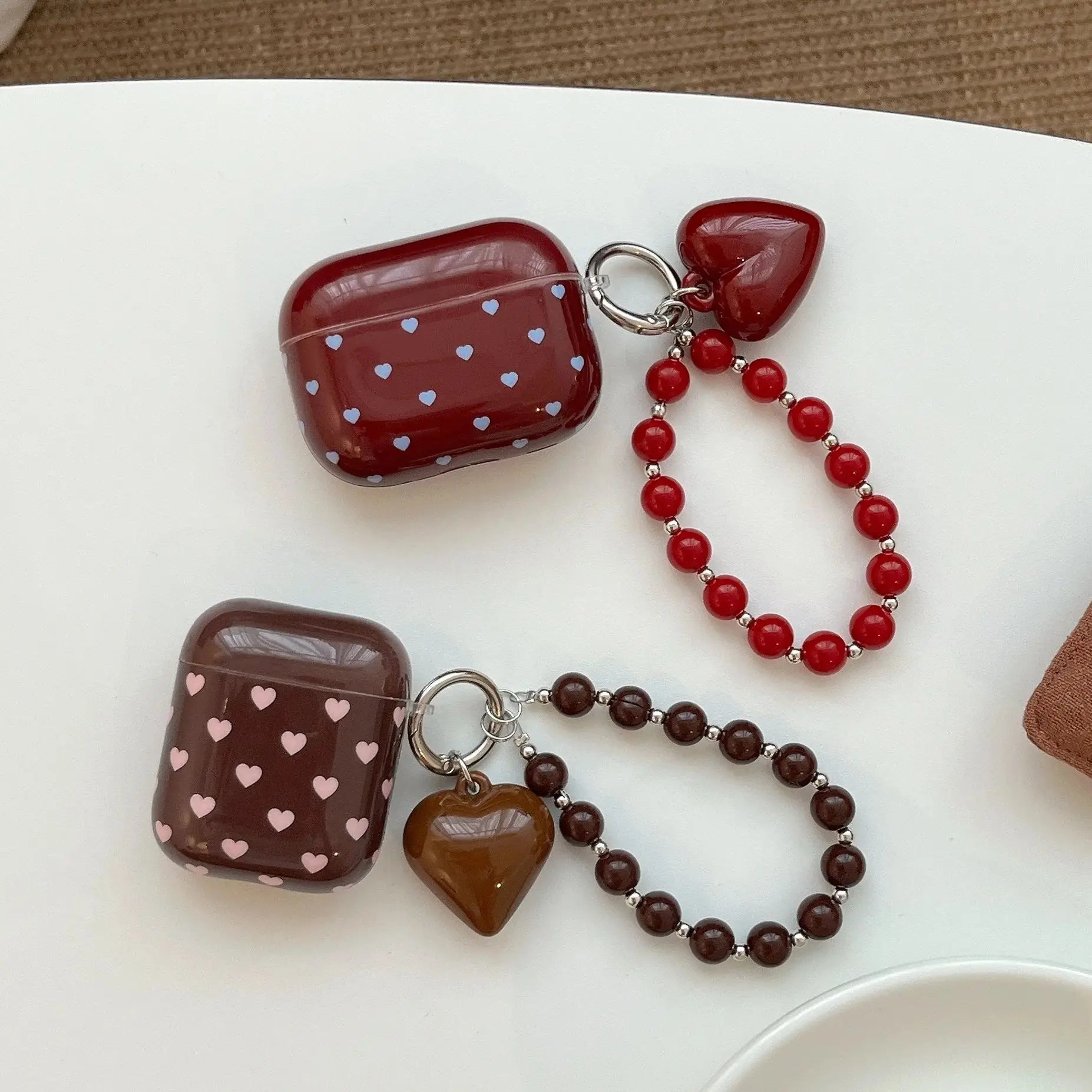 Heart Charm AirPods Case – Aesthetic Protective Cover with Beaded Strap
