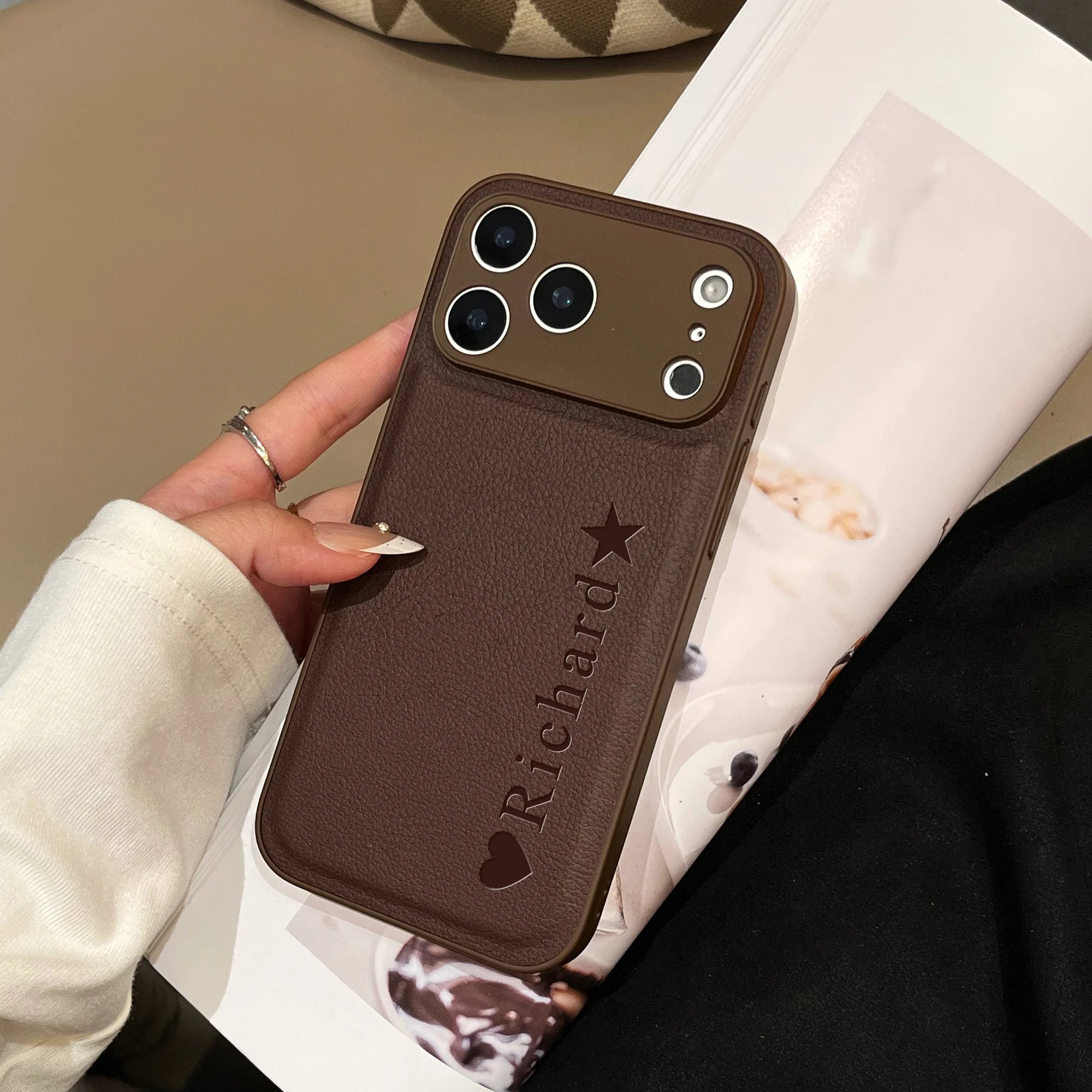 Custom Vertical Name Leather Phone Case – Personalized Engraved Initial & Text Case Secondary image